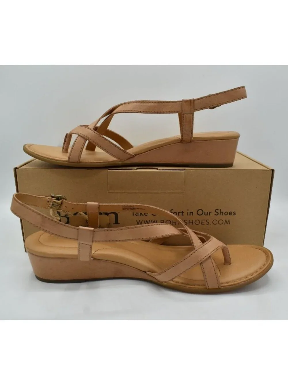 Born Womens 10‎ Sibyl Slingback Natural Full Grain Leather Wedge Sandals Shoes